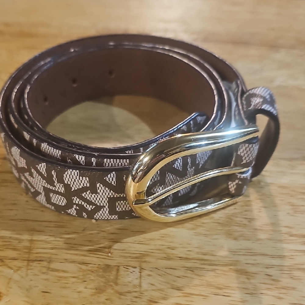 Donna Karan Brown and White Patterned Belt with Gold Buckle